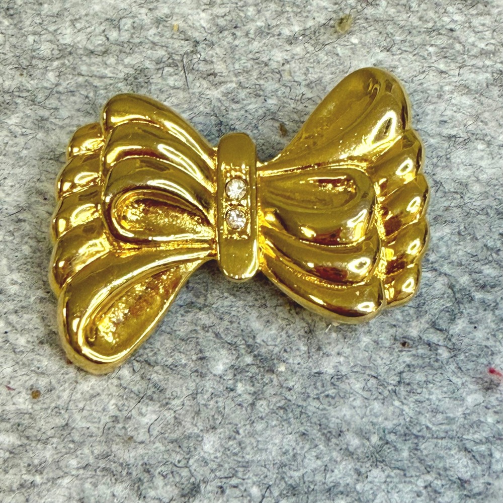 Vintage Gold Tone Bow Brooch Scalloped Ribbon Pin Rhinestone Accent Coquette